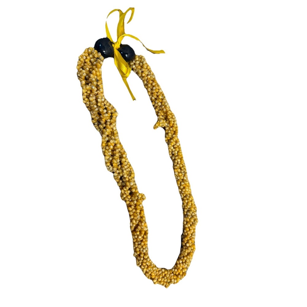 Hawaiian shell necklace ribbon lei necklace Mongo Kukui Nut 26" yellow island